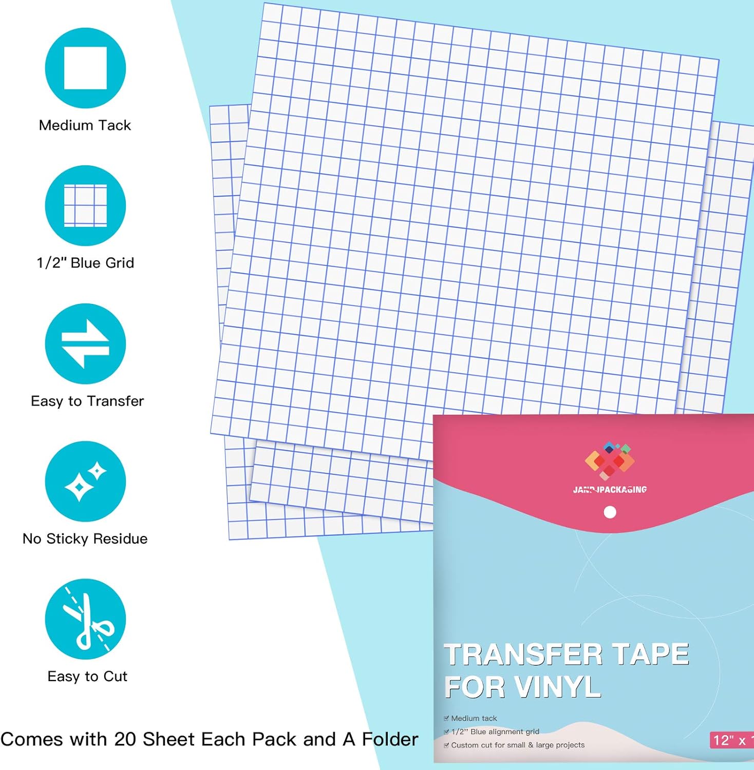 Transfer Tape for Vinyl 20 Pack 12'' x 12'' w/Blue Alignment Grid for Adhesive Vinyl, Medium Tack Vinyl Transfer Tape for Cricut, Silhouette Cameo by JANDJPACKAGING: Arts, Crafts & Sewing