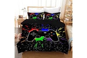GENEHELF Teens Gamer Duvet Cover Modern Gamepad Comforter Cover for Kids Boys Children Video Game Bedding Set Player Gaming Comforter Cover Breathable Decorative Room (Black, Queen)