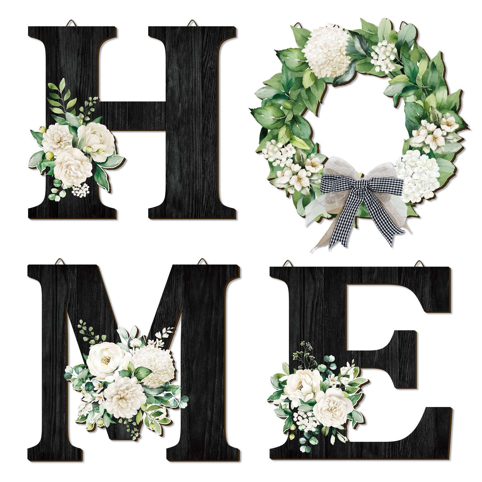 CHDITB 4Pcs Boho Wall Decor - Home Sweet Home With Wreath Letters and Floral Accessories - Hanging Signs for Living Room and Bedroom