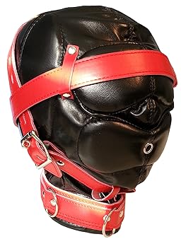 Bondage BDSM Erotik Leder Kopfmaske gepolstert mit Akustik Schutz rot schwarz SM Kopf Maske