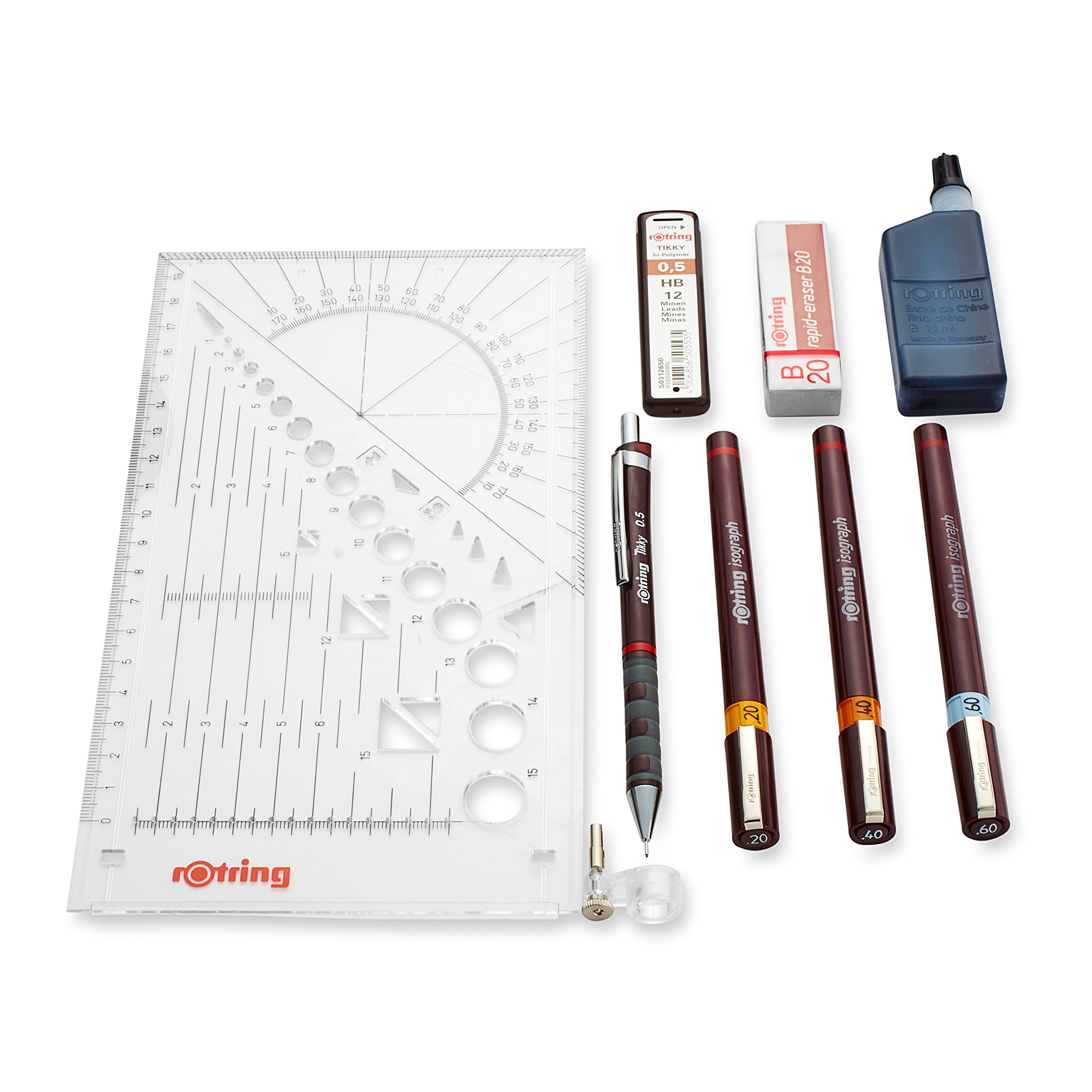 rOtring Isograph Fineliner Pen & Pencil College Set | 3 Technical Pens (0.20mm0.40mm0.60mm) and Mechanical Pencil (0.5mm) + Accessories
