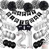 21st Birthday Decorations Black and Silver, Finally 21 Birthday Banner with Balloons Tissue Pompoms Hanging Swirls, 21st Birthday Supplies