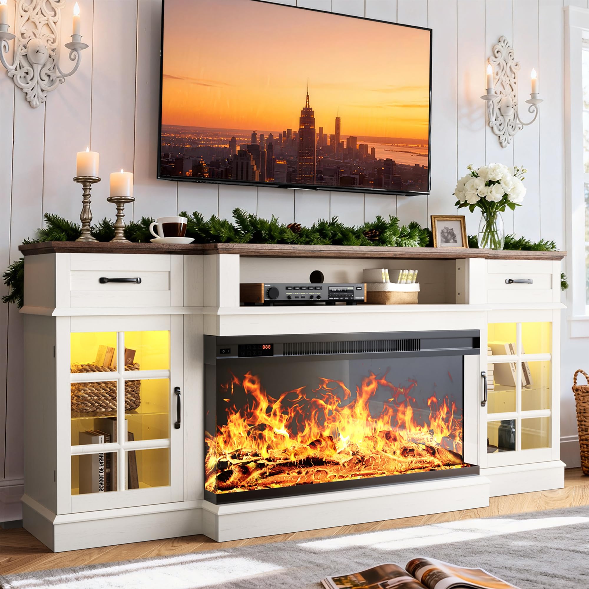 Photo 1 of MXV 70" Fireplace TV Stand, 3-Sided Glass Fireplace and Modern Entertainment Center, Wooden Media Console with Glass Doors & Storage Drawers, LED Light, for Living Room, White