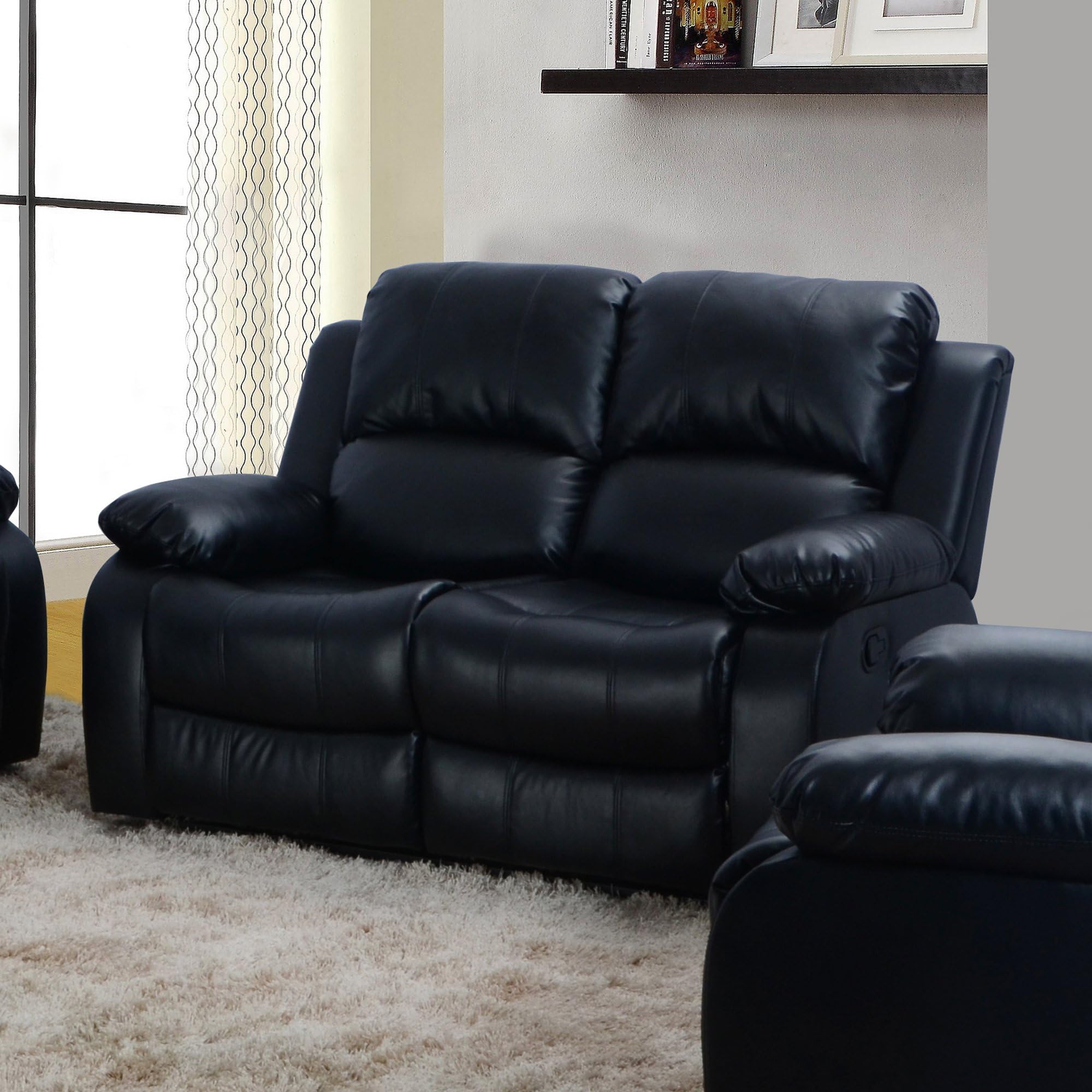 Beverly Furniture 1 Piece Bonded Leather Loveseat with 2 Recliners, Black