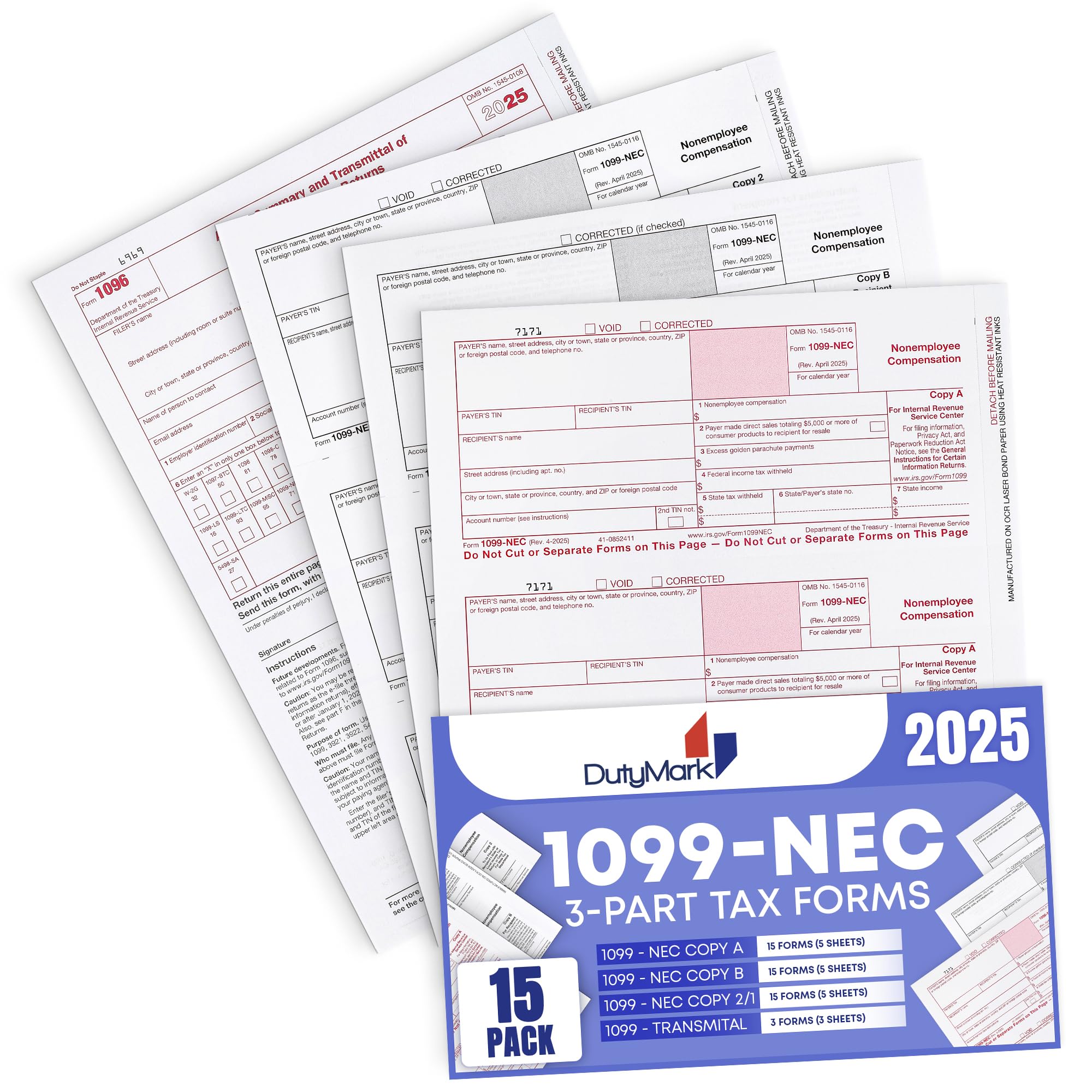 Photo 1 of 1099 NEC 2025 Tax Forms 3 Part Laser Tax Forms Kit,15 Pack of Federal/State Copy's, 1096's –Great for QuickBooks and Accounting Software, 15 Pack