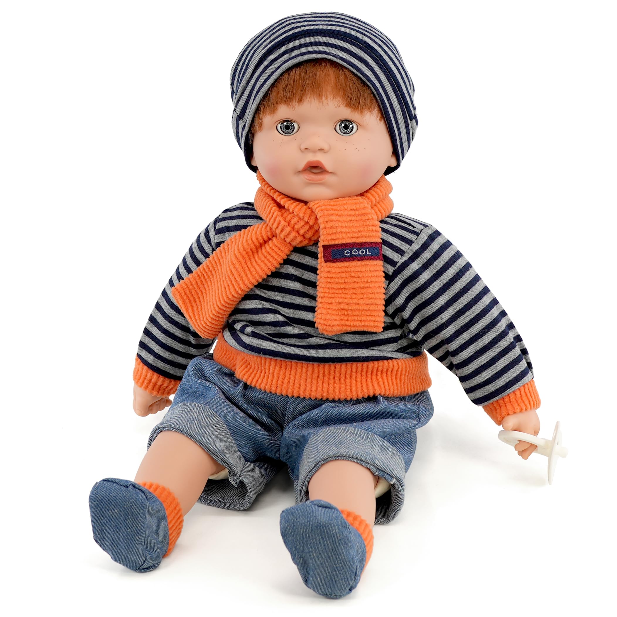BiBi Doll 18" Baby Doll Boy with Dummy & Sounds - Lifelike Ginger Hair, Realistic Freckles, Soft Body, Open & Close Eyes, Toy for Girls & Boys Aged 18 Months+
