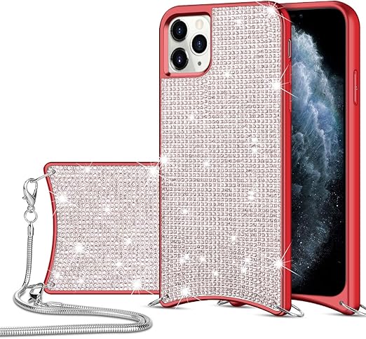 Amazon Com Honeyake For Iphone 11 Pro Max Case Glitter Bling Diamond Rhinestone Durable Hybrid Tpu Bumper Hard Anti Slip Back Cover With Crossbody Chain Strap Protective Cover For Iphone 11 Pro Max Red