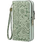 GOIACII Women's Wallet Wristlet Ladies Phone Purse RFID Blocking Large Card Holder Double Zip Grip Strap Vegan Leather