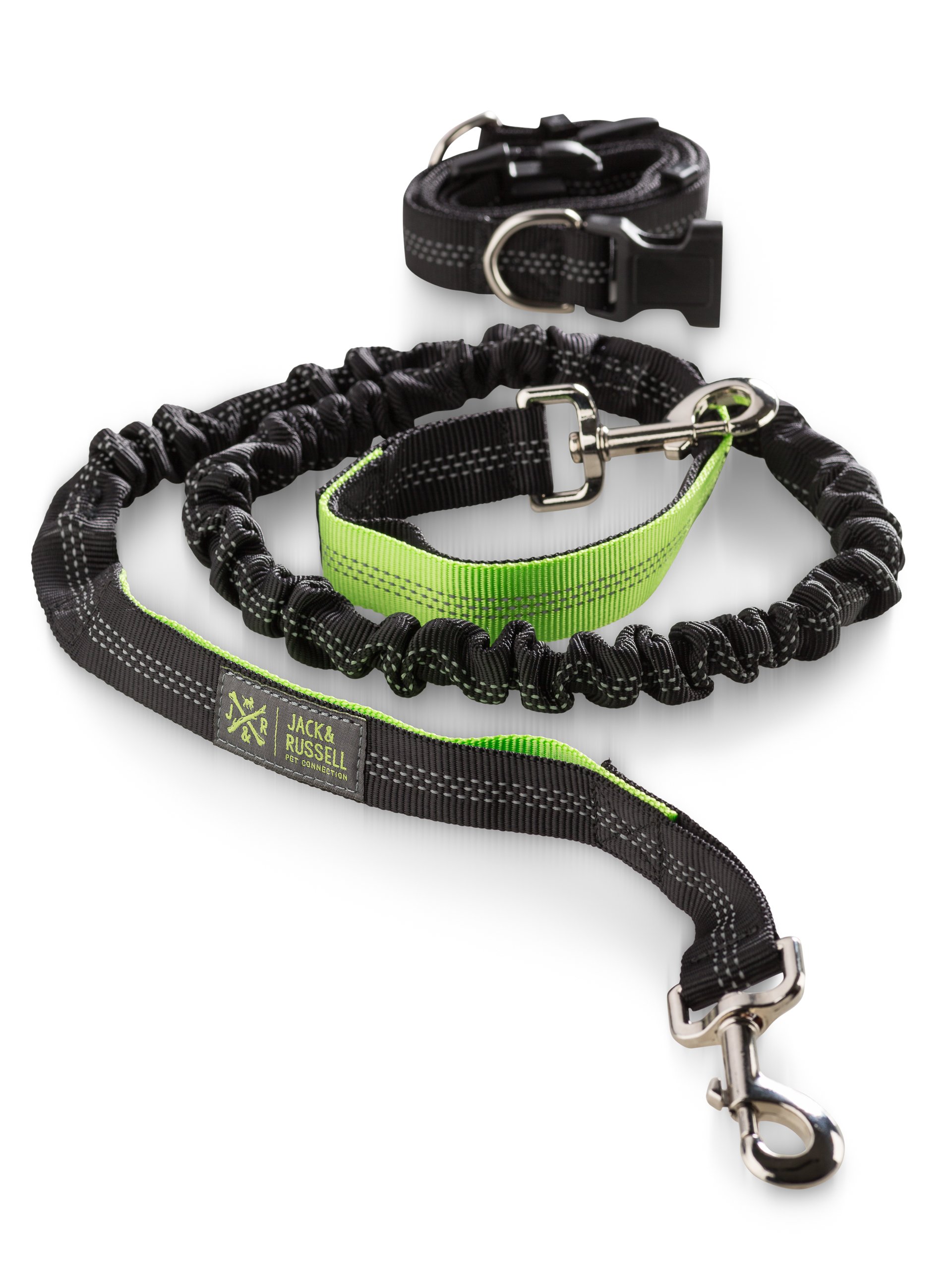 Jack & Russell Dog Jogging Lead With Hip Belt, Black/Neon Green Elastic 1.5 – 2.0 Metres, Sports Lead