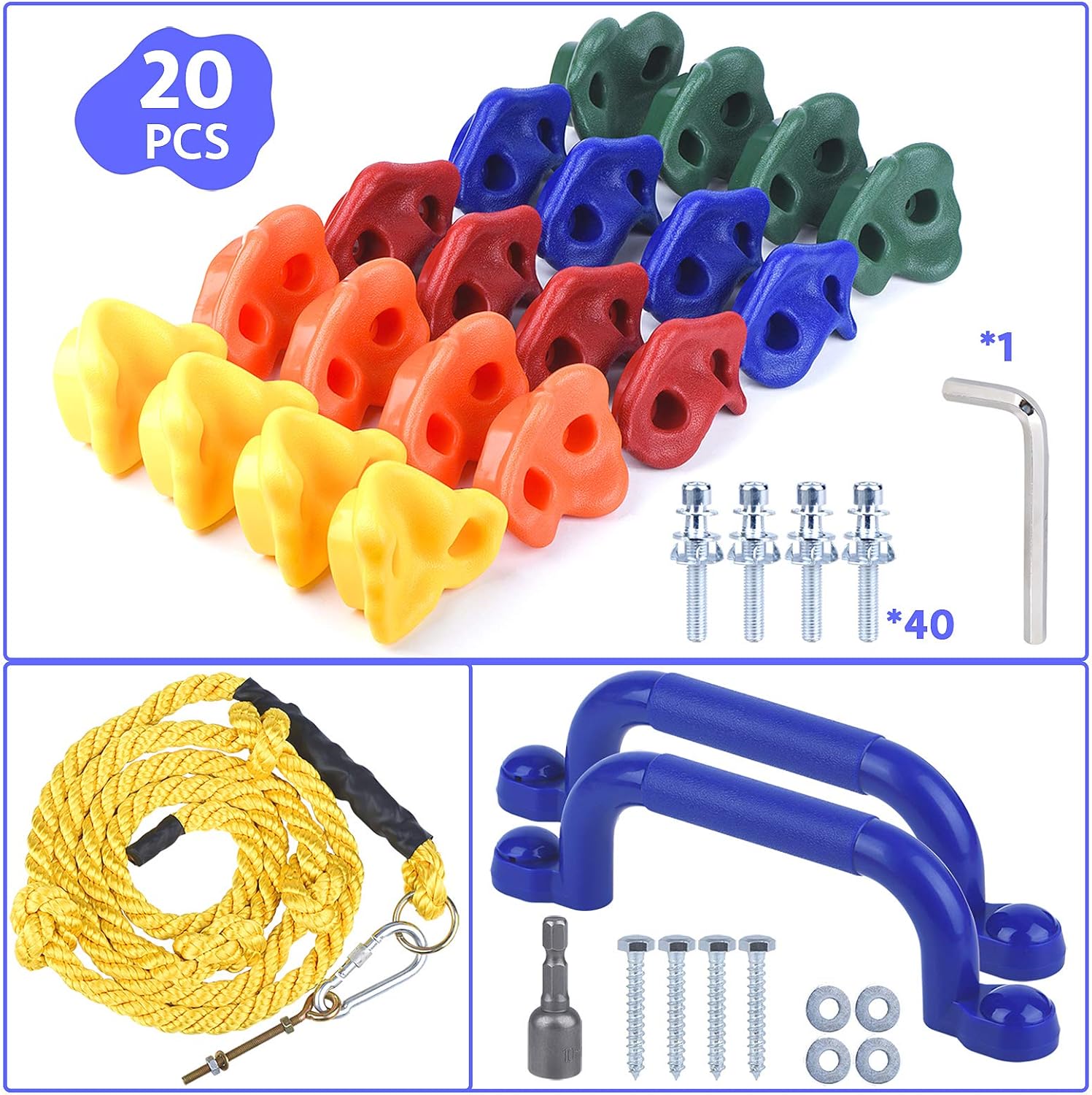 20 Rock Wall Climbing Holds for kids, with 8.53 Foot Climbing Knotted Rope and Handles Indoor and Outdoor Playground Play Set Slide Accessories with 2 Inch Mounting Hardware: Toys & Games