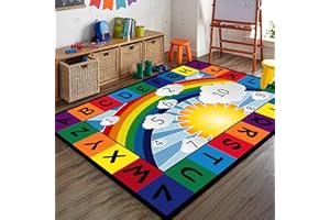 EXINBU Children's Playroom Rug, 5x8ft, Rainbow Sun ABC Alphabet Number Learning Area Rugs, Baby Carpet Crawling Mat, Cute Classroom Carpet for Children Toddler Education and Fun Washable Rugs