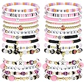 Huquary 56 Pcs Halloween Bracelets for Women Pink Stackable Beaded Friendship Bracelets Set Tretch Clay Heishi Boo Pumpkin Skull Ghosts Bat Halloween Jewelry Bulk Party Favors Accessories Gifts
