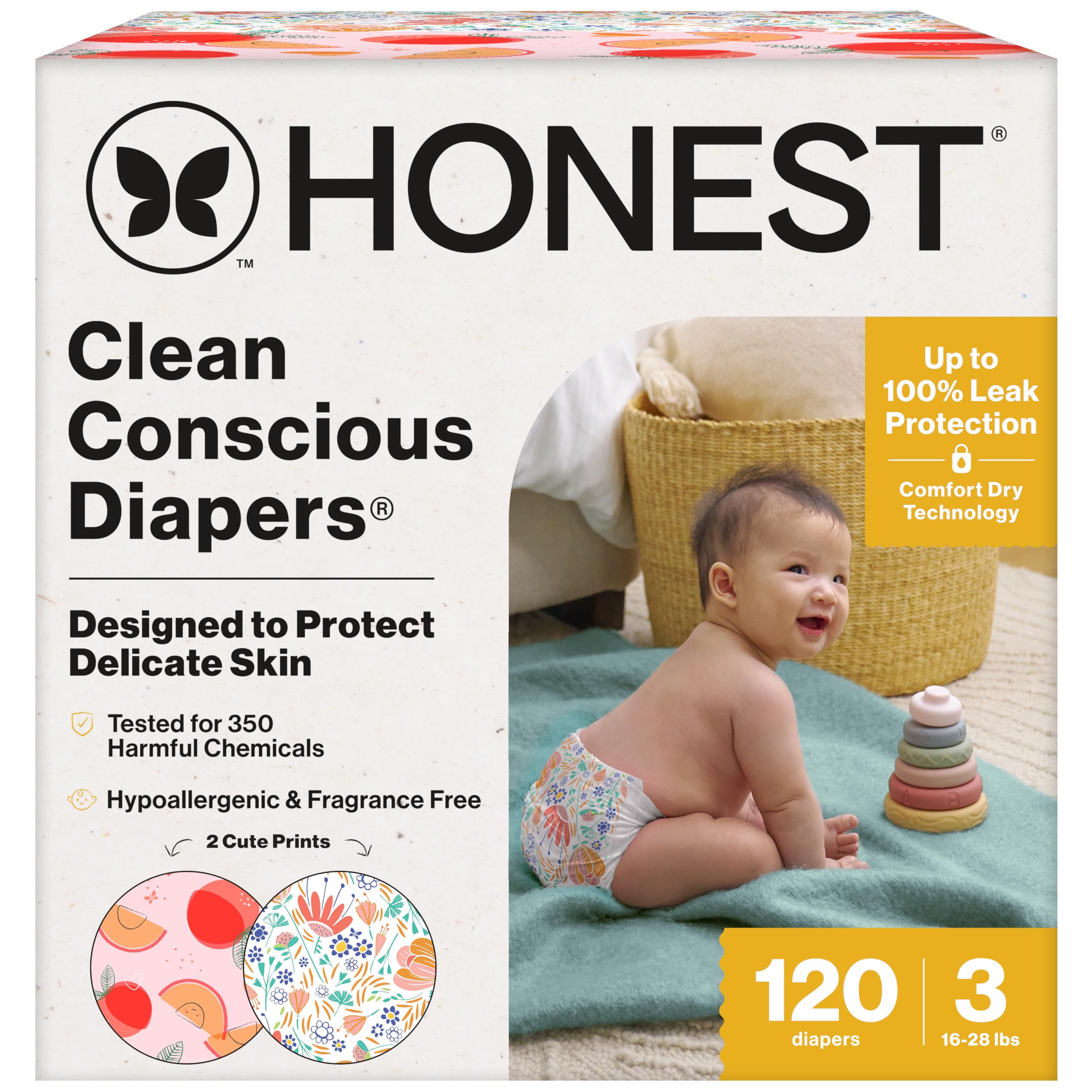 Photo 1 of The Honest Company Clean Conscious Diapers for Delicate Skin | Up to 100% Leakproof | Hypoallergenic, Fragrance Free | Girl Prints | Super Club Box, Size 3 (16-28 lbs), 120 Count (Prints May Vary)