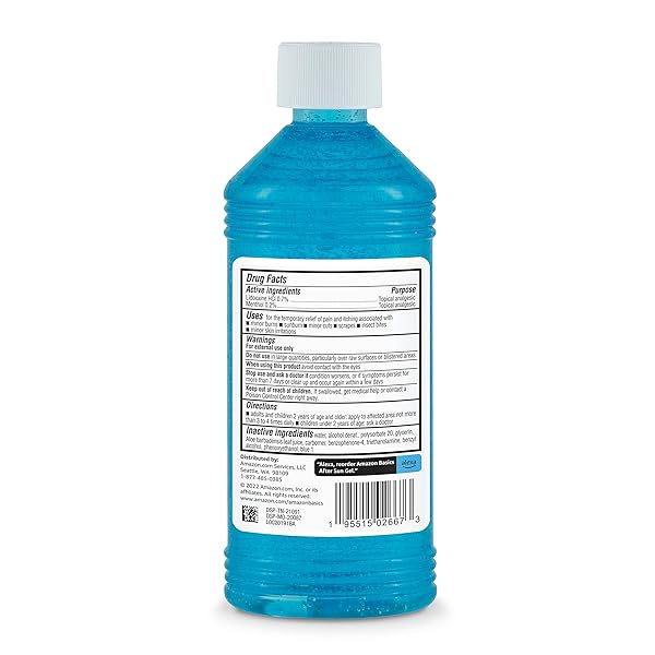 AMAZON BRAND – SOLIMO AFTER SUN GEL WITH ALOE, LIDOCAINE AND MENTHOL, SUNBURN RELIEF, COOLING AND SOOTHING FOR SKIN, 16 FLUID OUNCE (1 PACK)