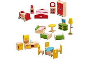 DRAGON DREW Wooden Dollhouse Furniture Set - 27 Piece Kit - Living Room, Bedroom and Kitchen Accessories, 100% Natural Wood, Nontoxic Paint, Smooth Edges