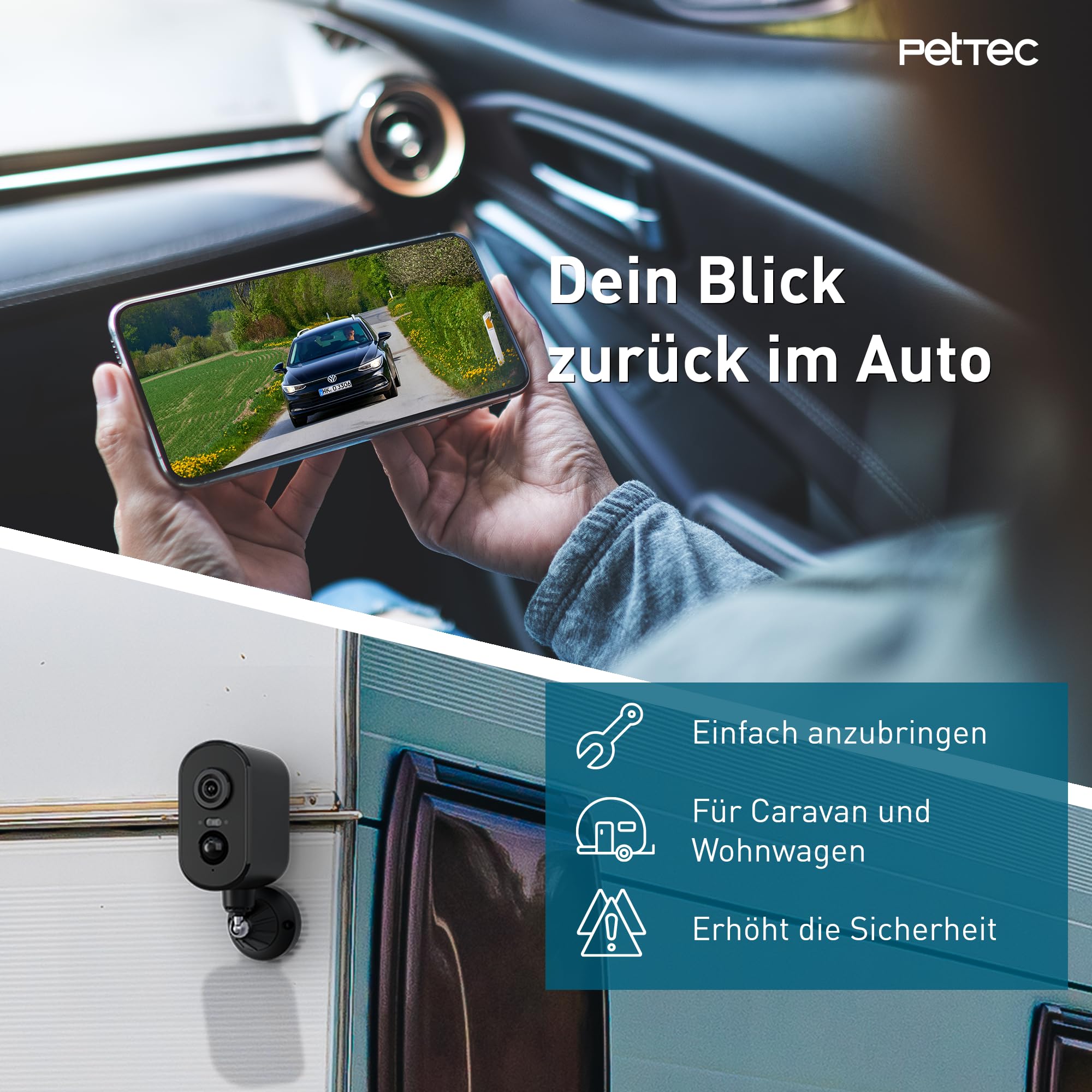 PetTec Cam Free 4G Überwachungskamera [4G/LTE OHNE WLAN] mit Akku & Schwenk Funktion - Outdoorkamera 3MP Ultravision, Bewegungserkennung, 15m Nachtsicht IP65 Flutlicht Sirene, Rückfahrkamera 5