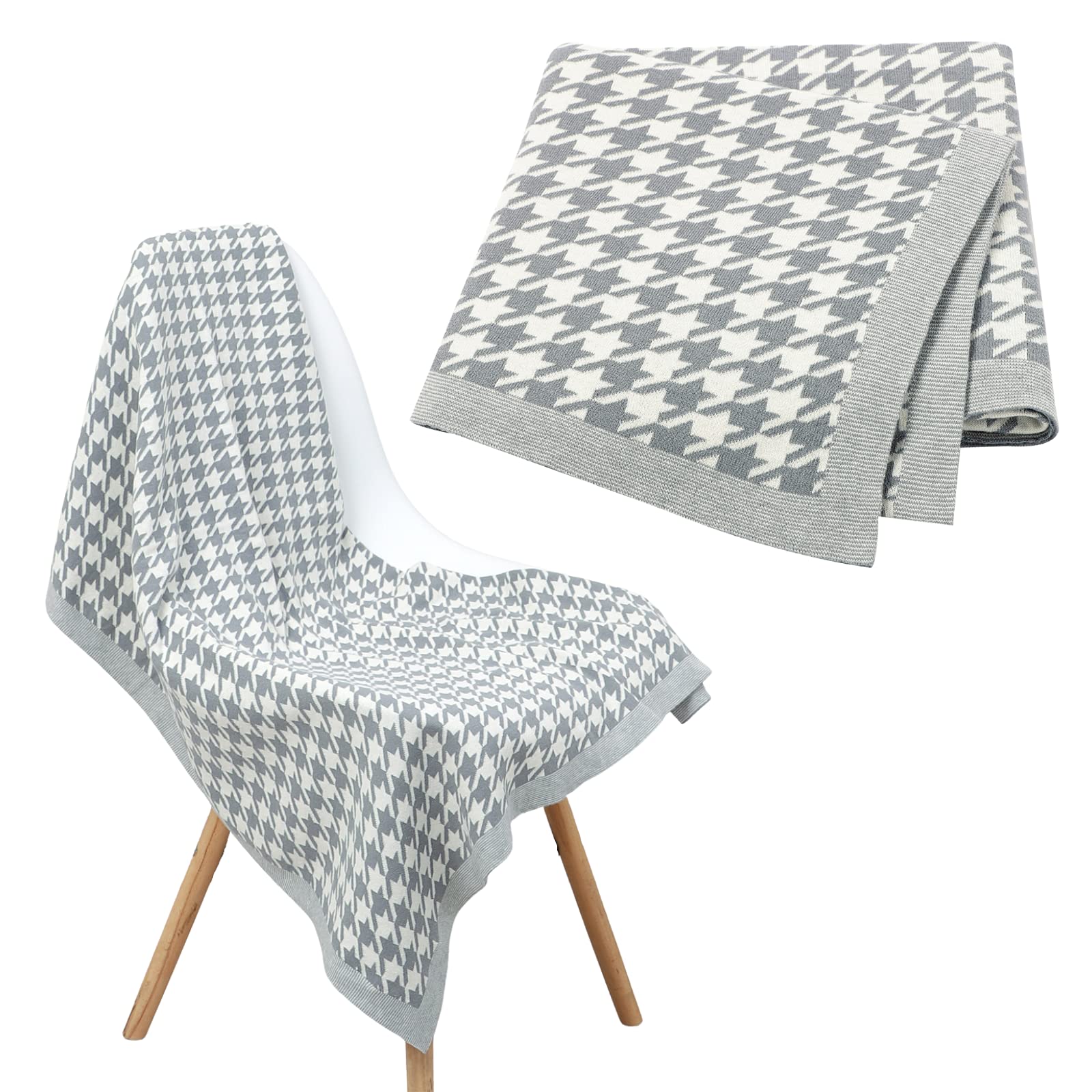 LAWKUL Baby Blanket Knitted 100% Cotton Soft Receiving Blankets for Newborn Boy Girls Unisex Houndstooth 100x80cm Grey