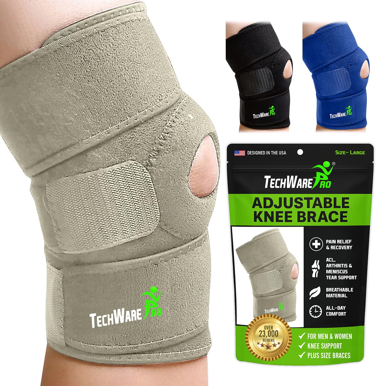 Photo 1 of TechWare Pro Knee Brace Support - Relieves ACL, LCL, MCL, Meniscus Tear, Arthritis, Tendonitis Pain. Open Patella Dual Stabilizers Non Slip Comfort Neoprene. Adjustable. Gray XLarge