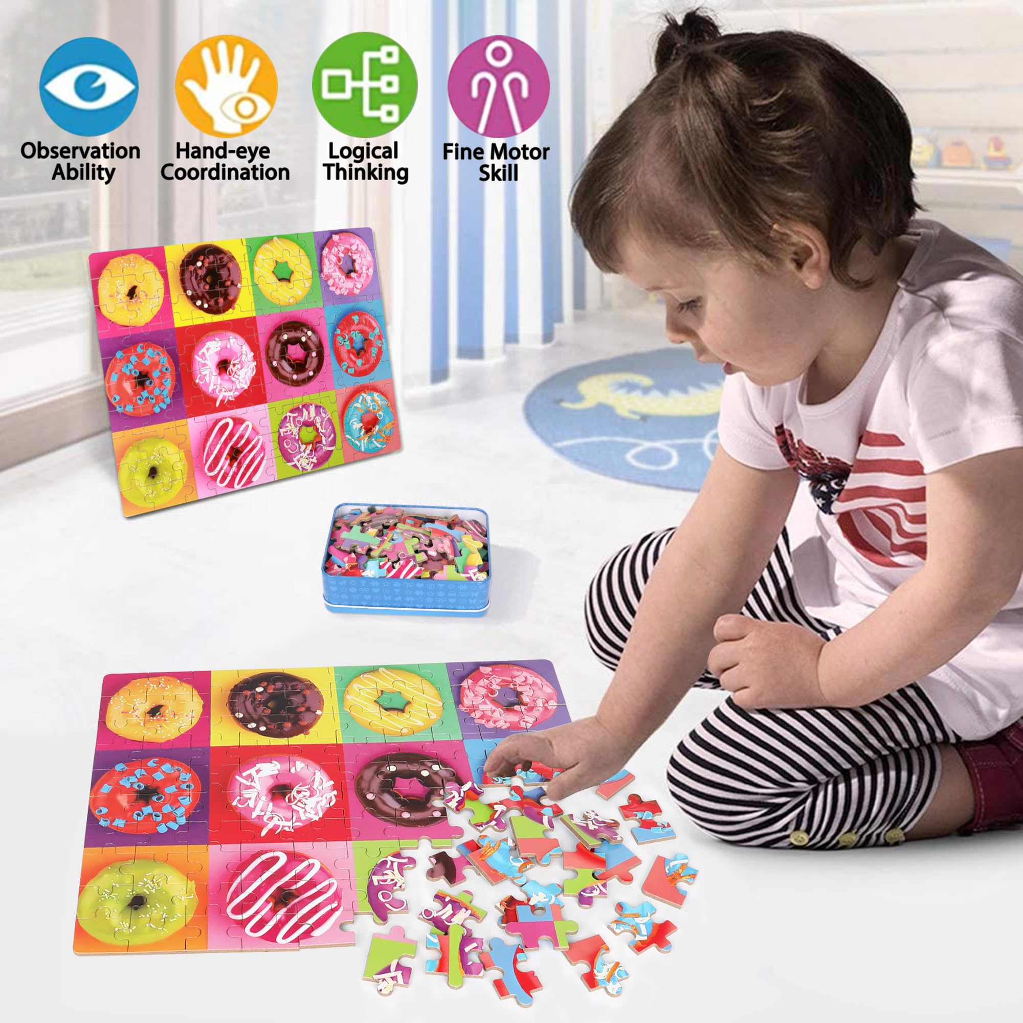 LELEMON Puzzles for Kids Ages 4-8,Donut Puzzle 100 Piece Puzzles for Kids Ages 4-6 in a Metal Box,Educational Jigsaw Puzzles 100 Piece Puzzle Games Toys for Girls and Boys