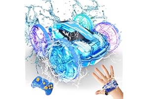 Tecnock Amphibious Remote Control Car Boat for Kids, 4WD RC Stunt Car with Waterproof Remote Control, 2.4GHz Gesture RC Cars with LED Lights, Water Pool Toys Gifts for Boys, Girls