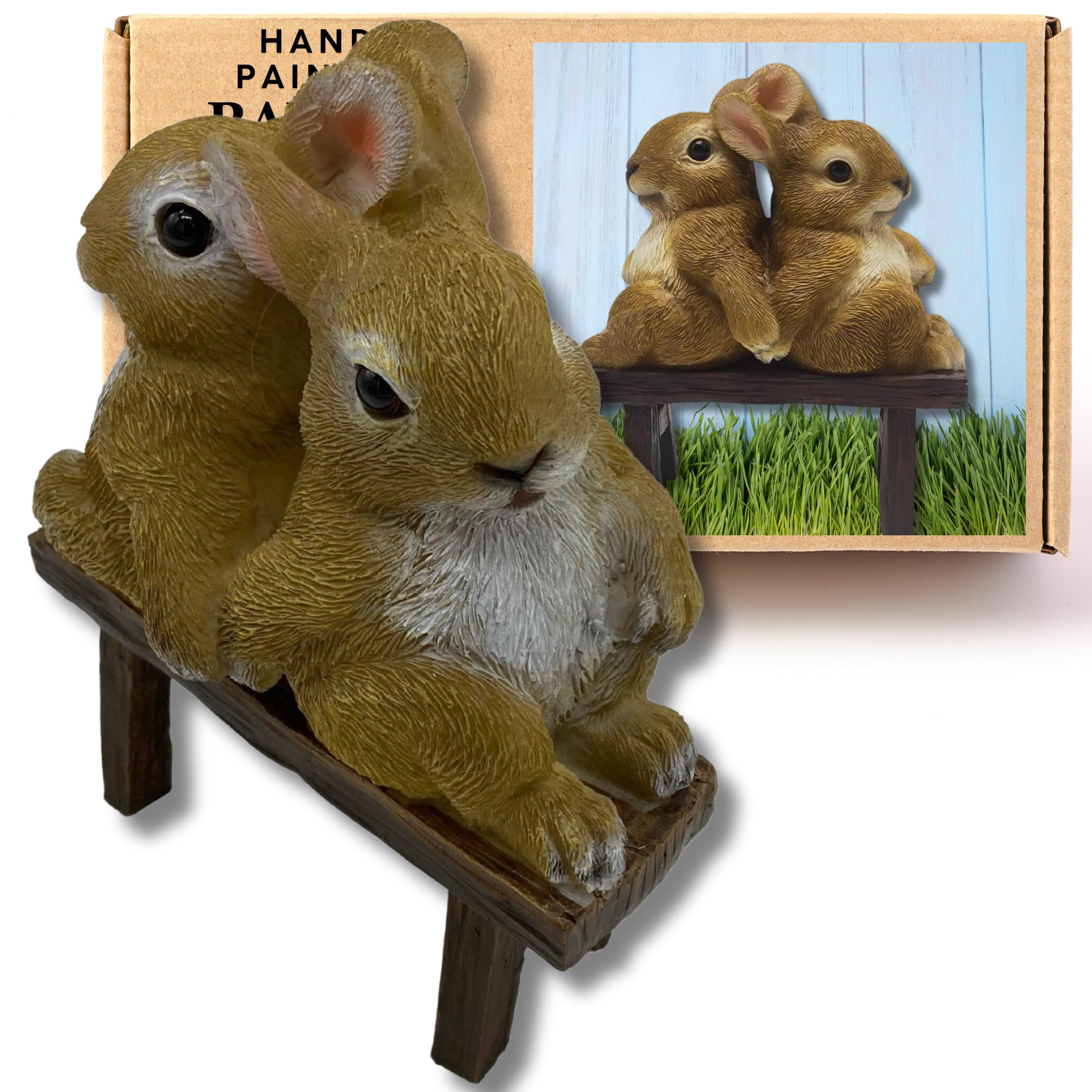 G&H Decor – 17cm Cute Rabbits on Bench Garden Statue – Bunnies Lawn Ornament Figurine with Intricate Detail – Frost Resistant Rabbit Sculpture Suitable for Indoor Outdoor – Bunny Patio Gift