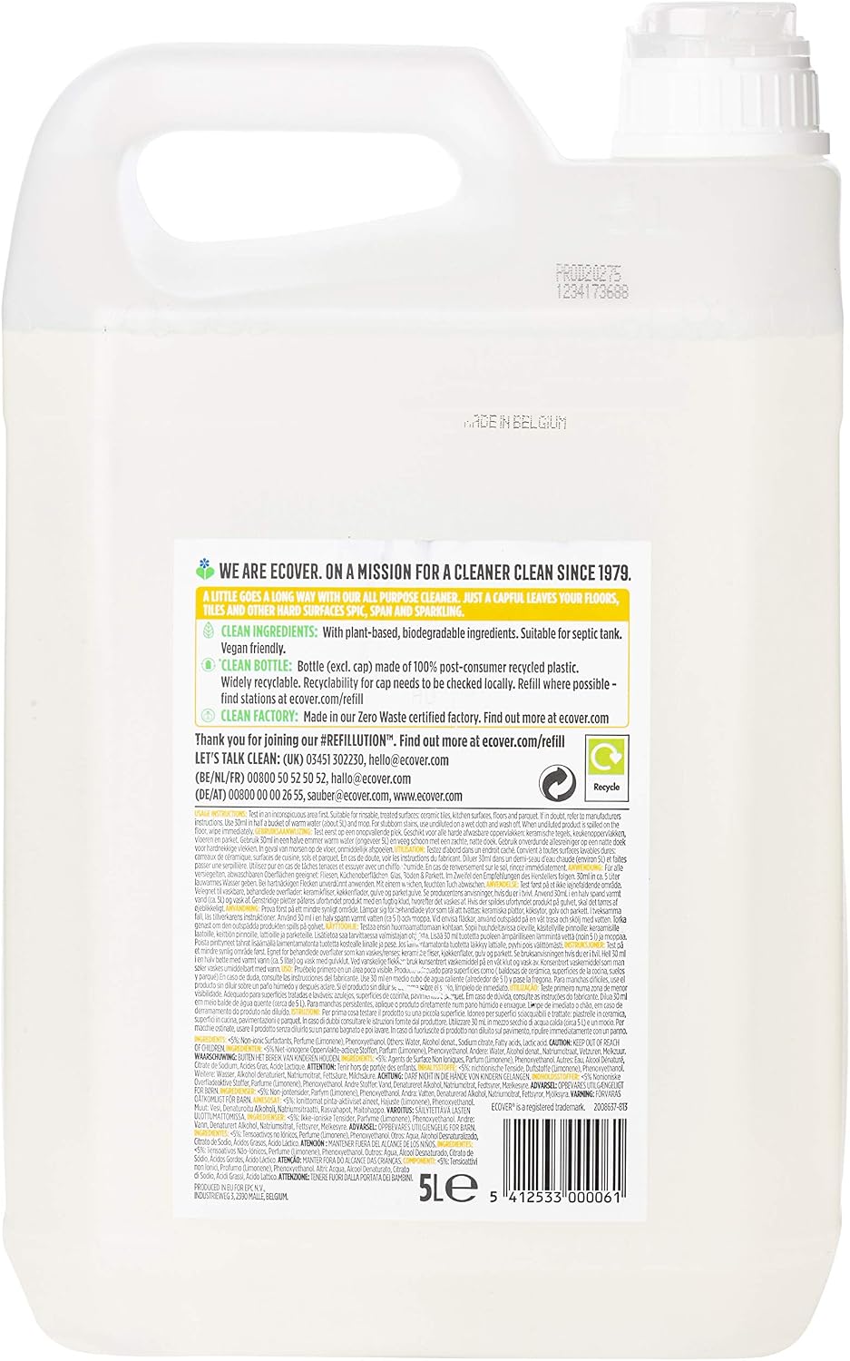 Ecover All Purpose Cleaner Refill, Tackles Dirt & Grime, for Hard Surfaces Lemongrass & Ginger Scent, Pack of 1, 1 x 5L - Image 4