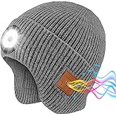 Bluetooth Beanie with Light, Built-in Wireless Headphones & Stereo Speakers - USB Rechargeable Bluetooth Hat | Unique Tech Gifts Birthday Gifts for Men and Women (Light Grey, Adult)