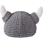 Baby Viking Knit Hat with Horns Barbarian Cute Beanie Hat Adult Crochet Handmade Knitted Cap Gray