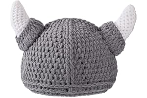 BAINFE Baby Viking Knit Hat with Horns Barbarian Cute Beanie Hat Adult Crochet Handmade Knitted Cap Gray