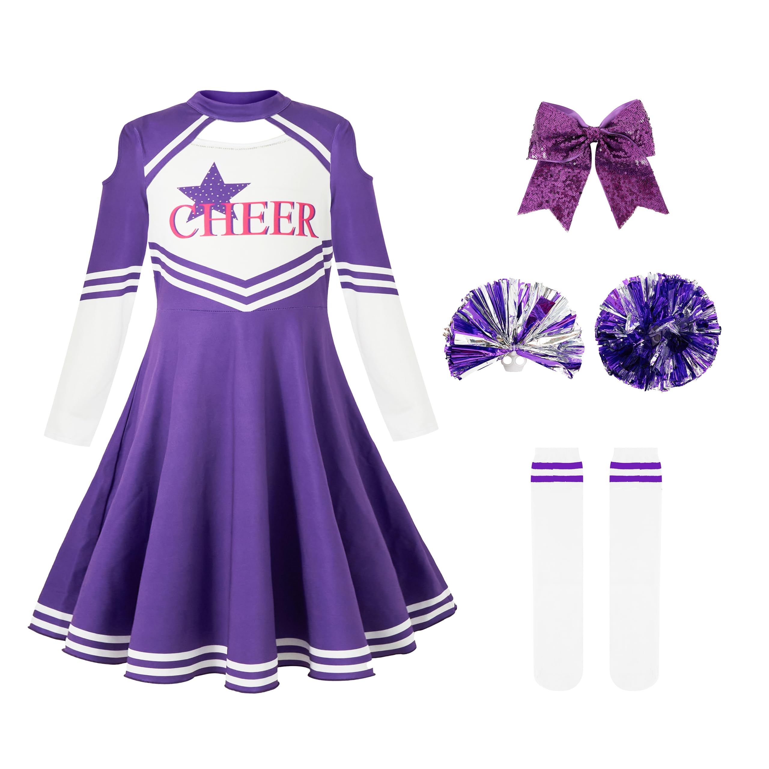 LOLANTA Girls Purple Cheerleader Costume with Pom Poms Socks, Kids Long Sleeve Cheerleading Uniform Outfit, Halloween Fancy Dress(Purple,5-6 Years,Tag Size 120) — image 1
