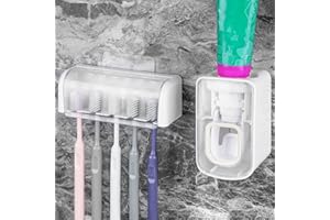 LUEXBOX 5 Slots Wall Mount Toothbrush Holder with Cover, Self Adhesive Toothbrush Storage Organizer for Shower, Toothbrush Hanger with Automatic Toothpaste Squeezer Dispenser