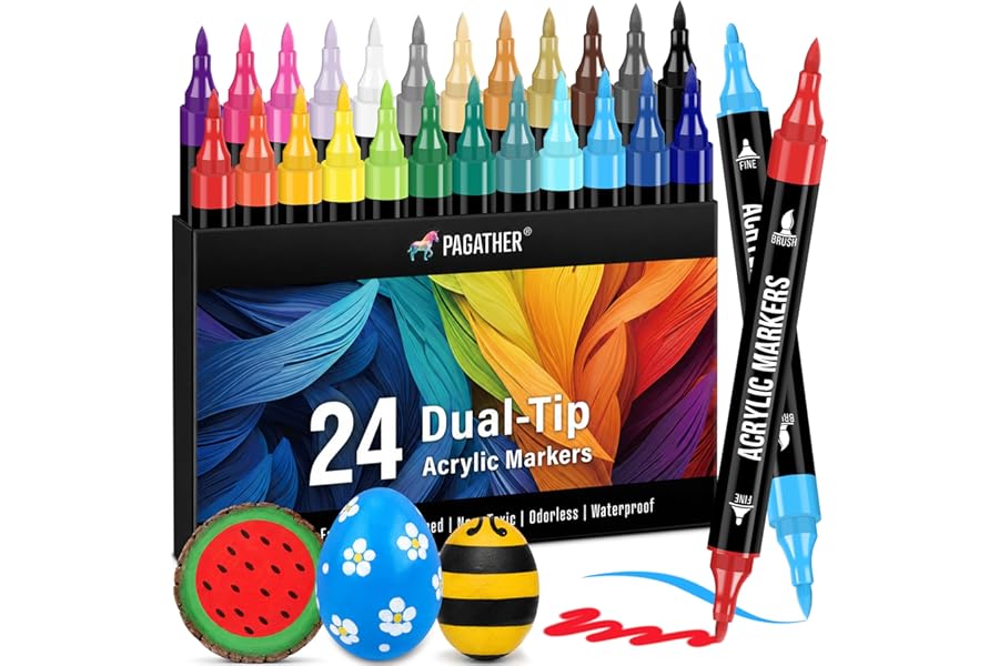 Pagather 24 Colors Acrylic Paint Markers, Dual Tip with Fine Tip and Brush Tip Pens for Fabric, Stone, Wood, Canvas, Ceramic, Metal, Glass, Rock Painting, DIY Crafts