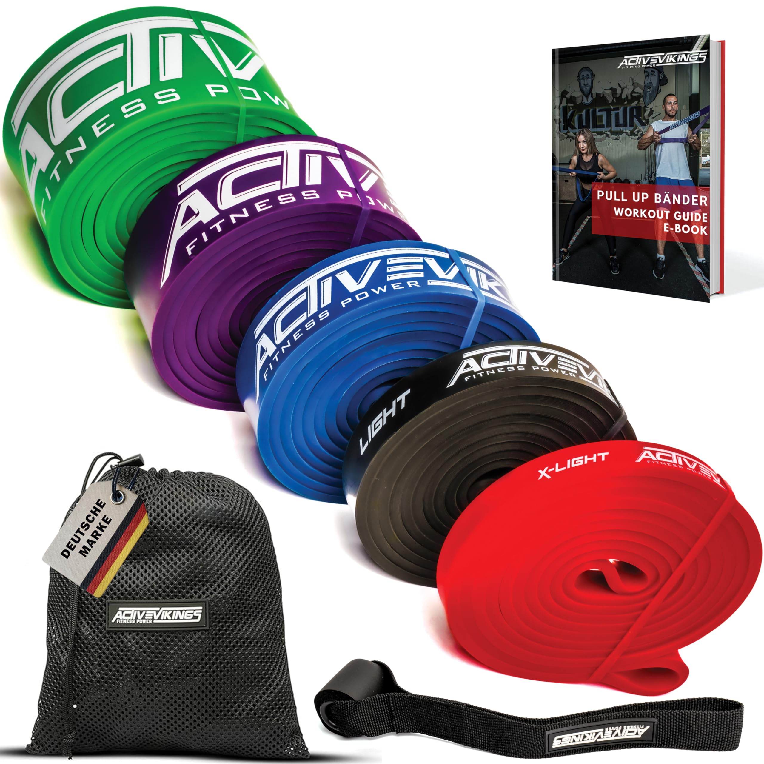 ActiveVikings® Pull-Up Fitness Bands Perfect for Muscle Building and Crossfit Freeletics Calisthenics Fitness Band Pull Up Bands Resistance Bands, 6 - Full Color Package (Komplett Set + Gym Bag) — image 1