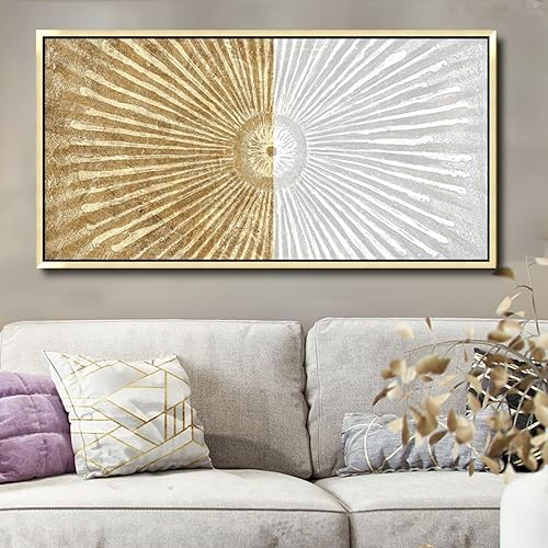 TRAIN2 ART Framed Canvas Wall Art Symmetrical Line Abstract Modern White Gold Wall Decor Art for Living Room Bedroom Bathroom Office Wall Decor 24"x48"
