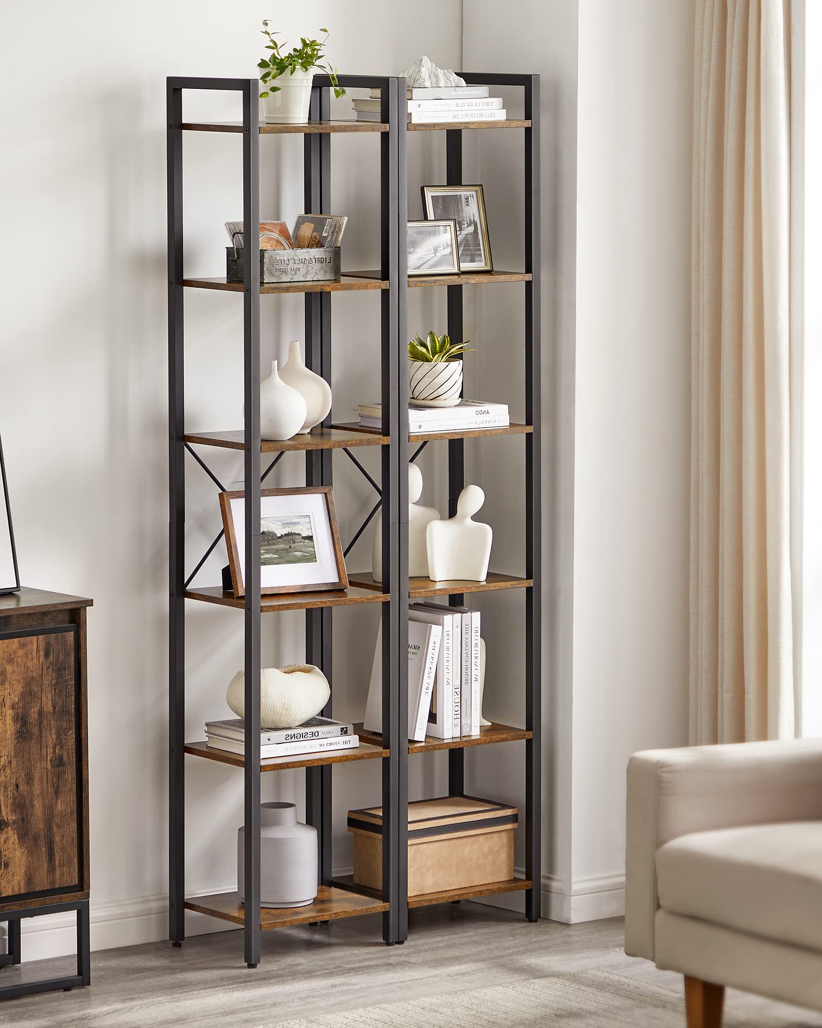 VASAGLE 6-Tier Bookshelf, Bookcase with Steel Frame, Book Shelf for Living Room, Home Office, Study, 11.8 x 15.7 x 73.2 Inches, Industrial Style, Rustic Brown and Ink Black ULLS101B01
