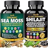 Bualle Sea Moss and Shilajit Bundle-Sea Moss 300mg,Black Seed Oil 100mg,Ashwagandha 50mg,Ginger & Shilajit 300mg,Rhodiola Rosea 100mg,Panax Ginseng 50mg,All in 1 Supplements-USA Made(2 Pack)