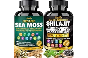 Bualle Sea Moss and Shilajit Bundle-Sea Moss 300mg,Black Seed Oil 100mg,Ashwagandha 50mg,Ginger & Shilajit 300mg,Rhodiola Rosea 100mg,Panax Ginseng 50mg,All in 1 Supplements-USA Made(2 Pack)
