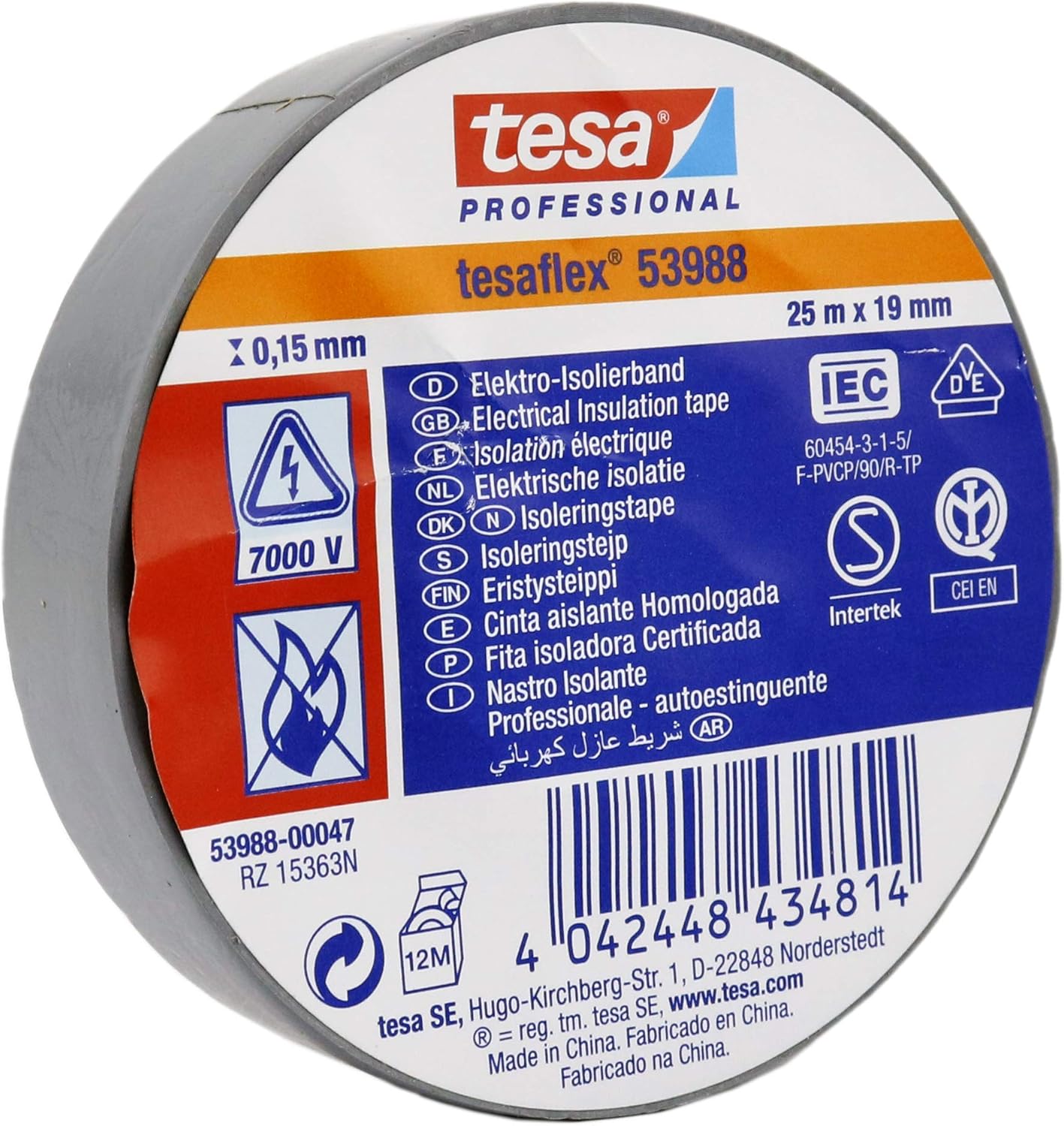 5 Insulation Tape Grey 19 mm x 25 m x 0.15 mm Tesa Tesaflex 53988 PVC