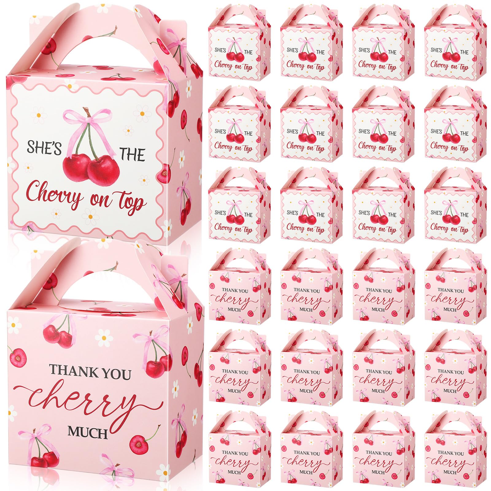 Photo 1 of Marspark 24 Pcs Cherry Treat Boxes Pink Favor Bags with Handles She Is Cherry on the Top Candy Boxes Thank You Party Bags Gifts for Birthday Bridal Shower Baby Shower Wedding Supplies
