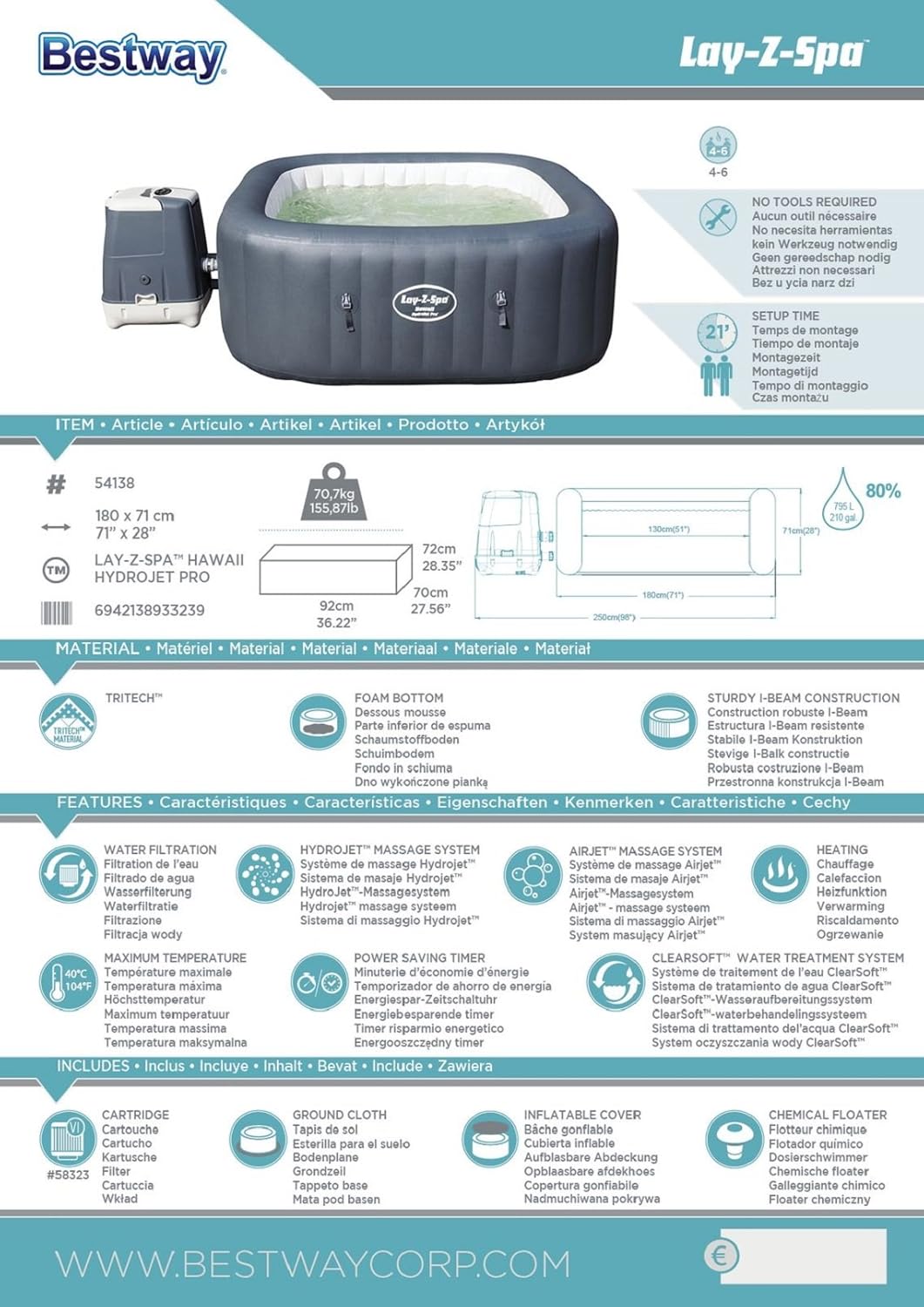 Bestway LayZSpa Whirlpool "Hawaii HydroJet Pro", viereckig, 180 x 71