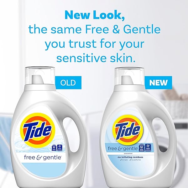TIDE FREE & GENTLE, LIQUID LAUNDRY DETERGENT SOAP, UNSCENTED, HYPOALLERGENIC FOR SENSITIVE SKIN AND FREE OF DYES, HE COMPATIBLE, 64 LOADS, 84 FL OZ