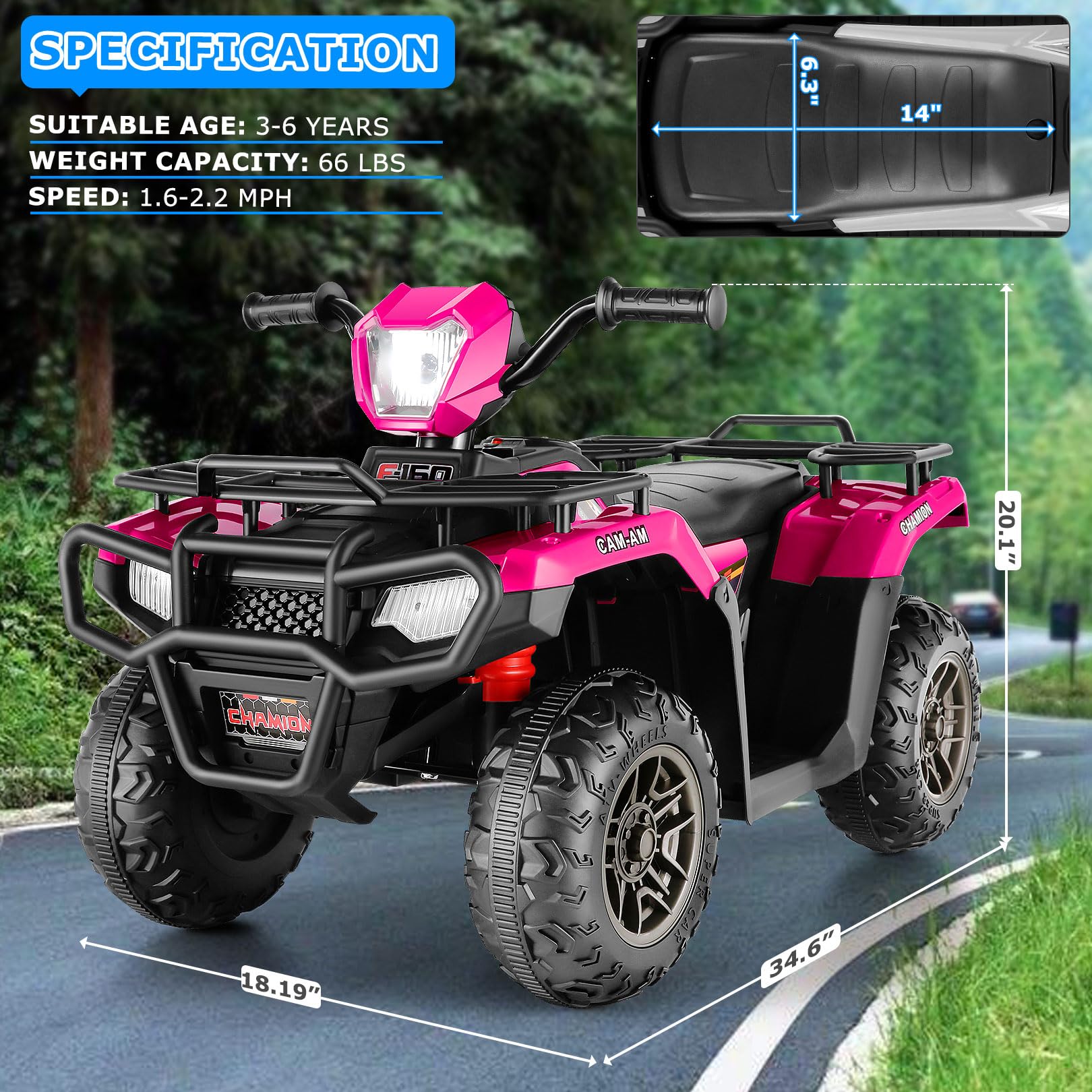 Hikole Kids ATV, 12V Four Wheeler for Kids, Battery Powered Electric Quad Car Toy with LED Lights, Music, High/Low Speed, Soft Start, USB, Treaded Tires, Rose Red