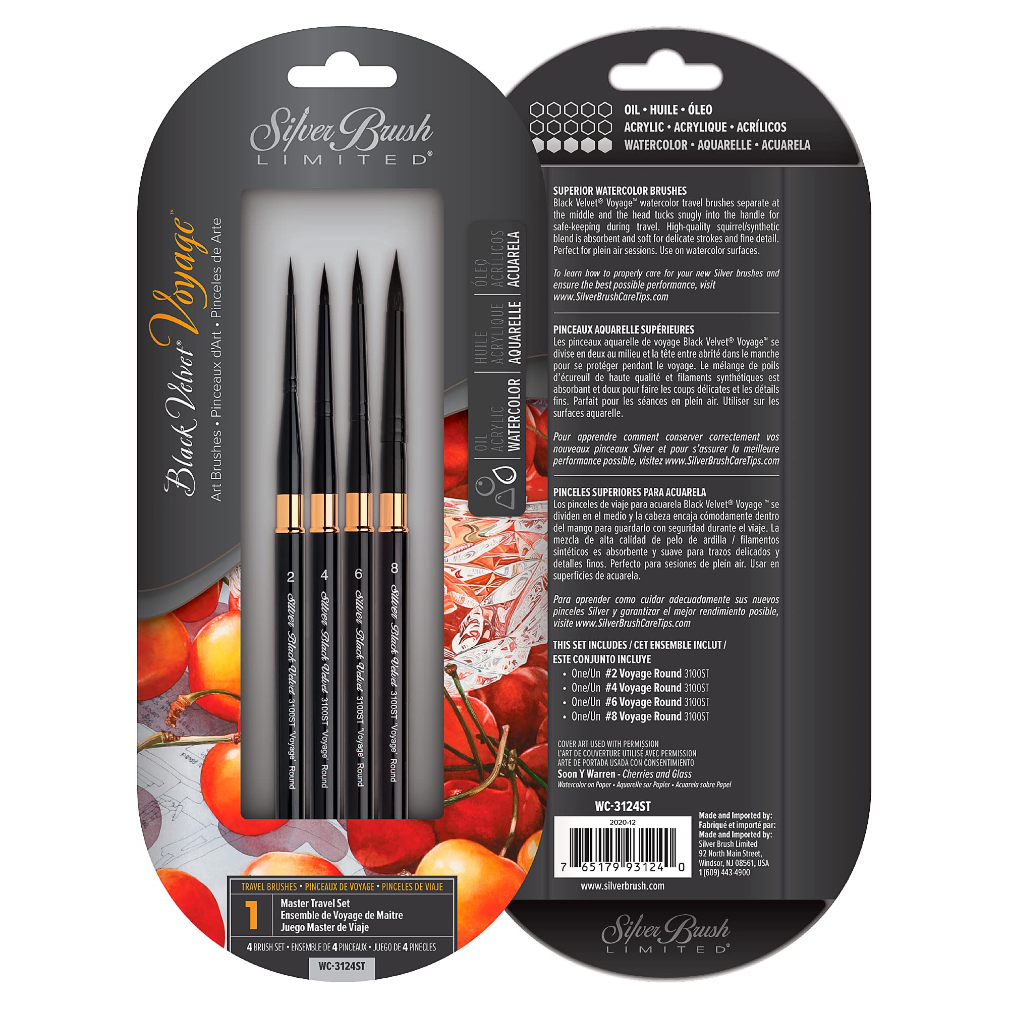 Silver Brush Limited WC-3124ST Black Velvet Voyage™ Master Travel Set, 4pc Professional Paint Brush Set, Natural Squirrel Hair and Synthetic Mix Blend Filament Round Watercolour Brushes, Short Handle