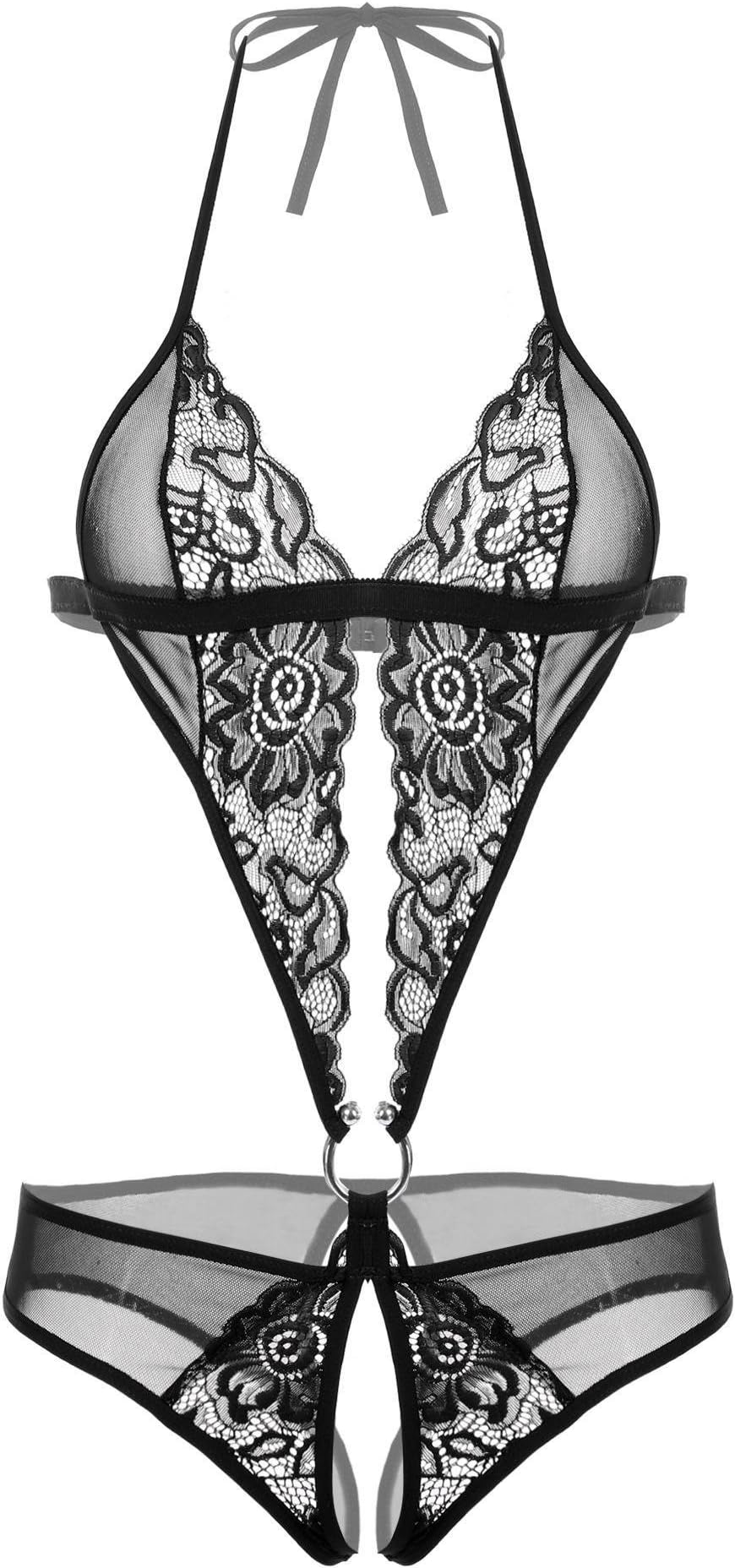 Susens Sexy Lace Lingerie, One Piece Teddy Lingerie Deep V Halter Bodysuit S-XXL