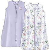 TILLYOU 2 Pack Baby Sleep Sack 6-12 Months 100% Cotton Wearable Blanket 0.5 TOG Sleeveless Summer Sleep Sacks with 2-Way Zipper, Brilliant Little Flowers and Purple