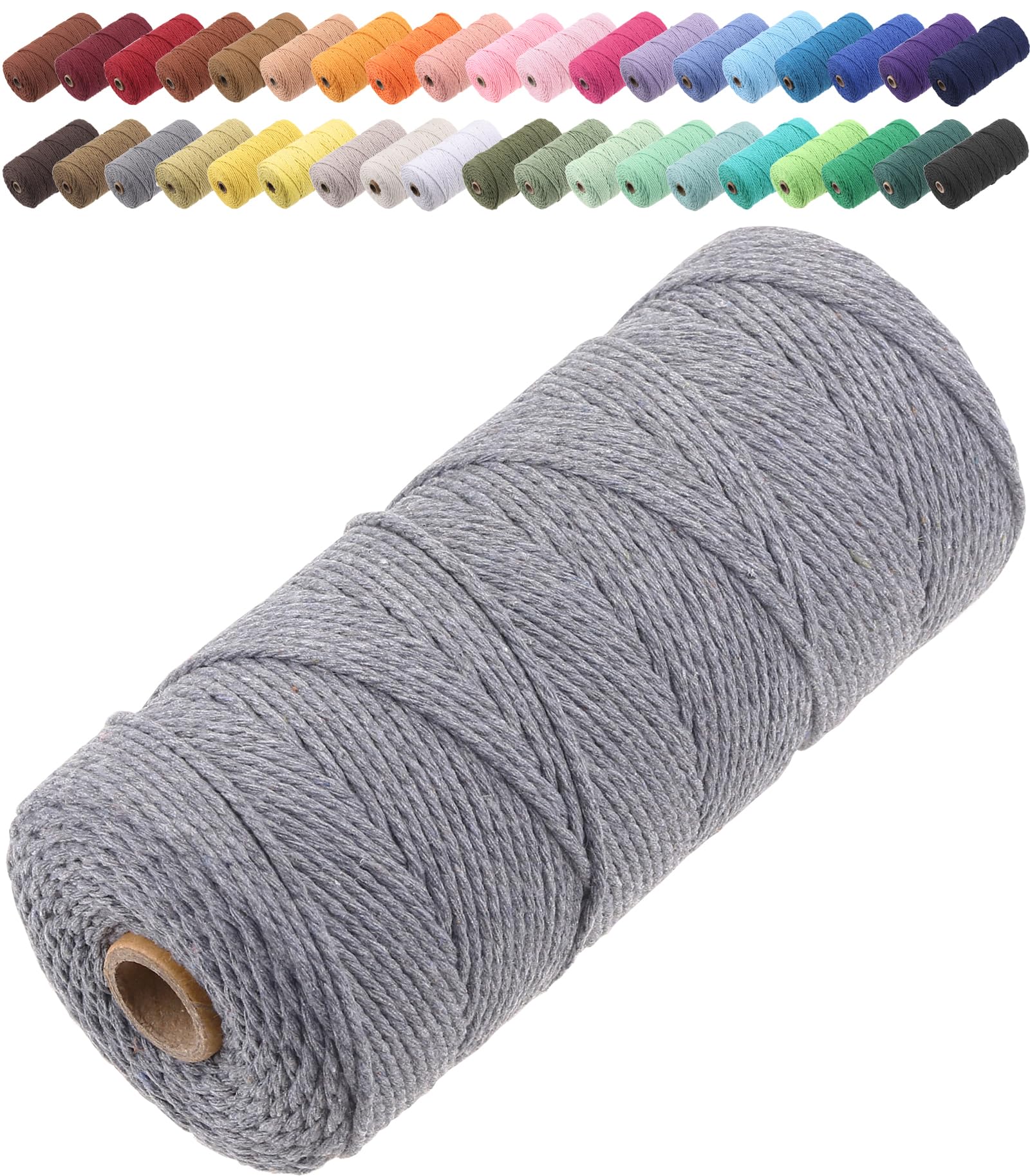 GOHOF Macrame Cord 2mm x 205m Premium Cotton Macrame Rope, 3 Strand Twisted Soft Cotton Cord, One of The Most Perfect Materials for Macrame Art, Cotton String Without Chemicals (Dark Grey)