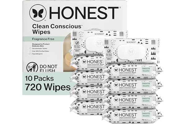 The Honest Company Baby Wipes for Sensitive Skin, Hypoallergenic, Fragrance-Free, Multi-Use, Pattern Play Design, 720 Count (10 Packs of 72)