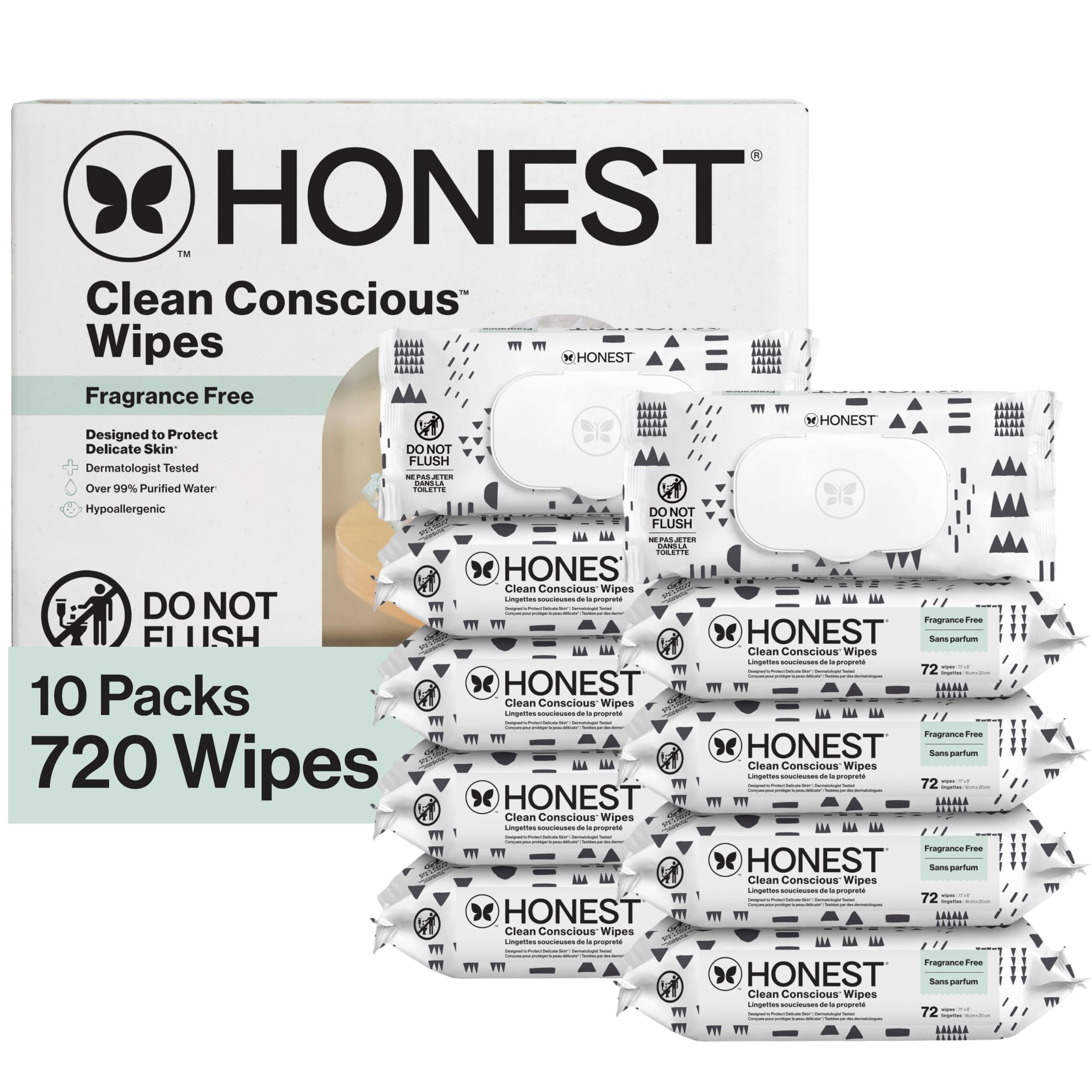 Photo 1 of The Honest Company Clean Conscious Multi-Use Wipes, Unscented Hypoallergenic Baby Wipes for Sensitive Skin, 99% Water Plant-Based Compostable Wipes, Pattern Play, 720 Count