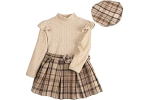 Miipat Toddler Girls Fall Winter Outfits Ruffle Knit Button Tops Plaid Mini Skorts 2Pcs Long Sleeve Set