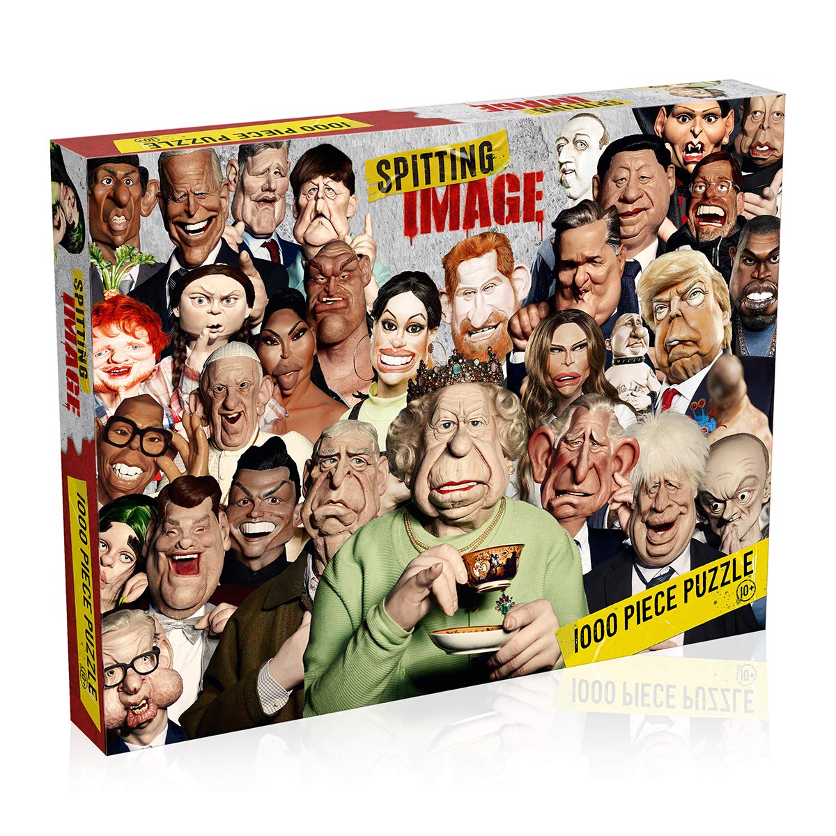 Winning Moves Spitting Image 1000 Piece Jigsaw Puzzle Game, piece together a montage of puppets including Ed Sheeran, Billie Eilish and Her Majesty, gift for ages 10 plus